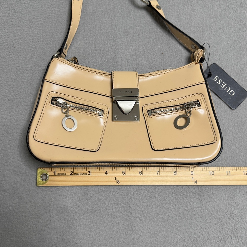 Guess Shoulder Bag Womens Tan Patent Faux Leather Y2K Baguette Small Pocket Mini - Picture 10 of 12